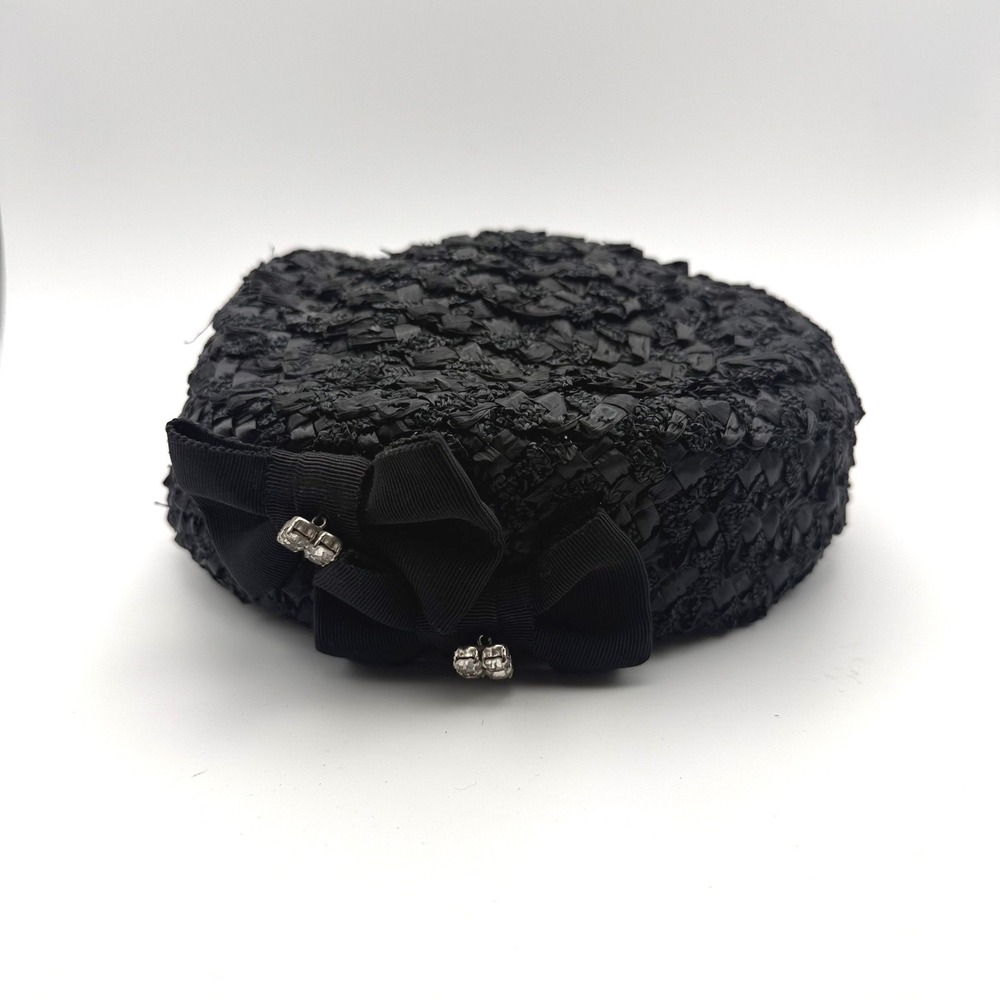 Archie Eason Vintage Turban Black Pillbox Hat Woven Straw‎ Rhinestone Bow Accent